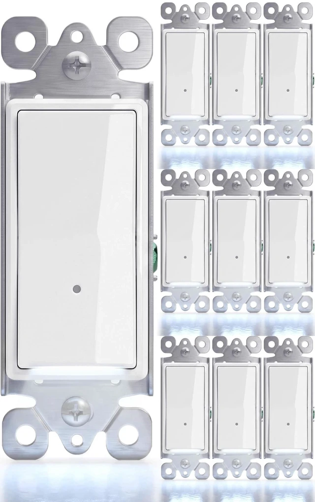 Main image of Illuminated Light Switch, Single Pole, White,15A 120/277V, 10 Pack | Decorator Wall Switch, Dusk-to-dawn LED night light, Guide Light for Kids and Seniors; Ideal for Hallways, Nurseries, Stairs