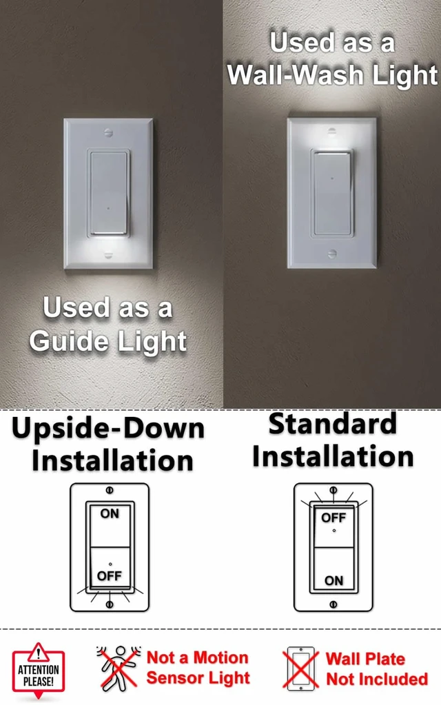 Alt view image 2 of 7 - Illuminated Light Switch, Single Pole, White,15A 120/277V, 10 Pack | Decorator Wall Switch, Dusk-to-dawn LED night light, Guide Light for Kids and Seniors; Ideal for Hallways, Nurseries, Stairs