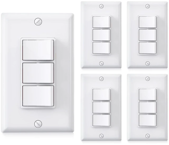 Main image of Single Pole Triple Paddle Rocker Decorator Light Switch, 15 Amp Self-grounding Electrical Light Switches, Residential Grade, UL Listed (5 Pack, Glossy White)