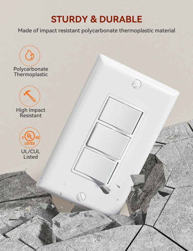 Alt view image 3 of 7 - Single Pole Triple Paddle Rocker Decorator Light Switch, 15 Amp Self-grounding Electrical Light Switches, Residential Grade, UL Listed (5 Pack, Glossy White)