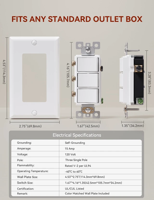 Alt view image 7 of 7 - Single Pole Triple Paddle Rocker Decorator Light Switch, 15 Amp Self-grounding Electrical Light Switches, Residential Grade, UL Listed (5 Pack, Glossy White)