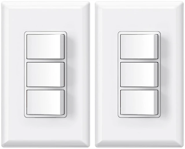 Main image of Decorator Triple Rocker Light Switch, Three Single Pole Electrical Paddle Switch, 15A 120V, in-Wall On/Off, with Screwless Wall Plate, Self-grounding, UL Listed (2 Pack, Glossy White)