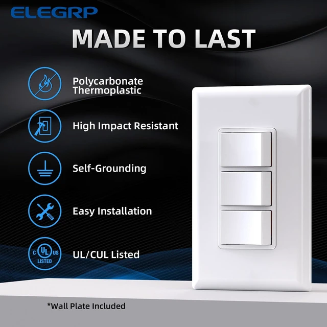 Alt view image 2 of 7 - Decorator Triple Rocker Light Switch, Three Single Pole Electrical Paddle Switch, 15A 120V, in-Wall On/Off, with Screwless Wall Plate, Self-grounding, UL Listed (2 Pack, Glossy White)