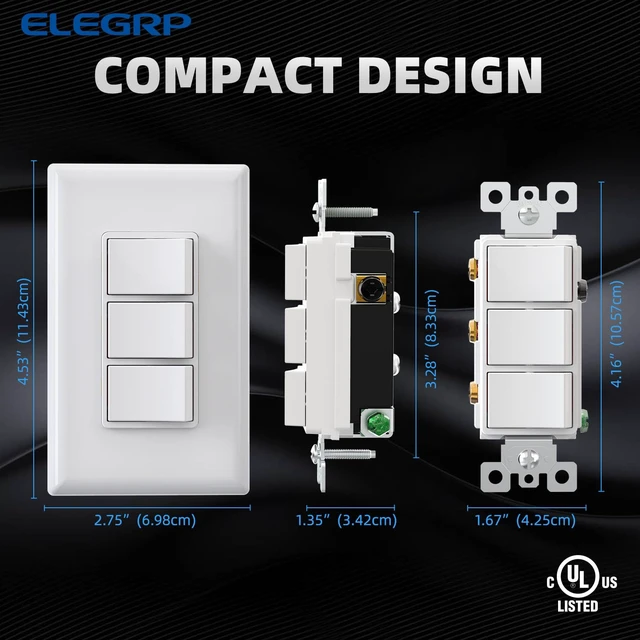 Alt view image 4 of 7 - Decorator Triple Rocker Light Switch, Three Single Pole Electrical Paddle Switch, 15A 120V, in-Wall On/Off, with Screwless Wall Plate, Self-grounding, UL Listed (2 Pack, Glossy White)