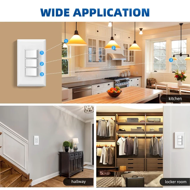 Alt view image 7 of 7 - Decorator Triple Rocker Light Switch, Three Single Pole Electrical Paddle Switch, 15A 120V, in-Wall On/Off, with Screwless Wall Plate, Self-grounding, UL Listed (2 Pack, Glossy White)