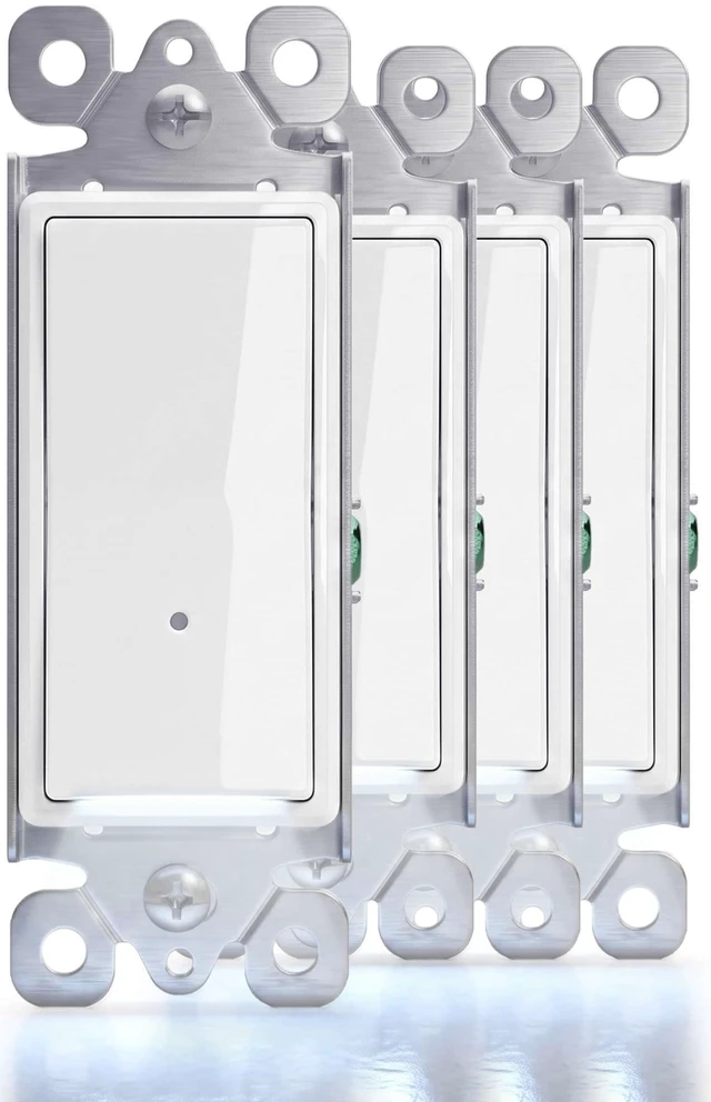 Main image of Illuminated Light Switch, Single Pole, White,15A 120/277V, 4 Pack | Decorator Wall Switch, Dusk-to-dawn LED night light, Guide Light for Kids and Seniors; Ideal for Hallways, Nurseries, Stairs