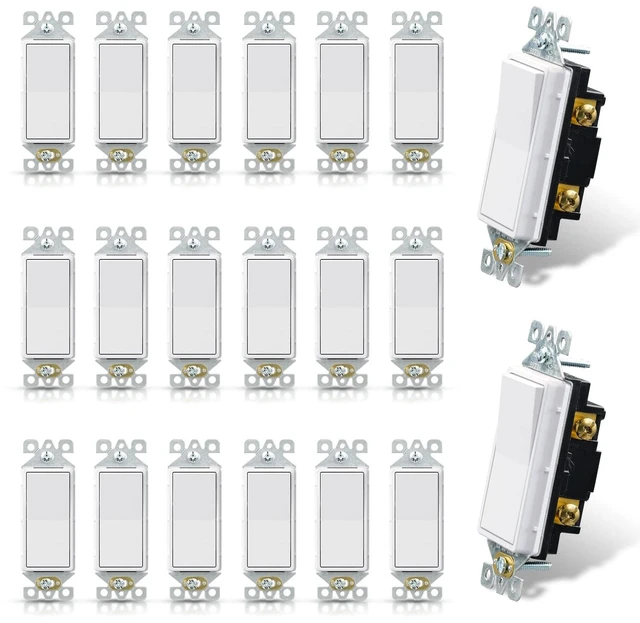 Main image of Matte White Single Pole Decorator Light Switch, 15Amp, 120-277V, Decorative Paddle Rocker Switch Replacement, On/Off Wall Switch, Self-Grounding, Residential/Commercial Grade, UL/CUL (20 Pack)