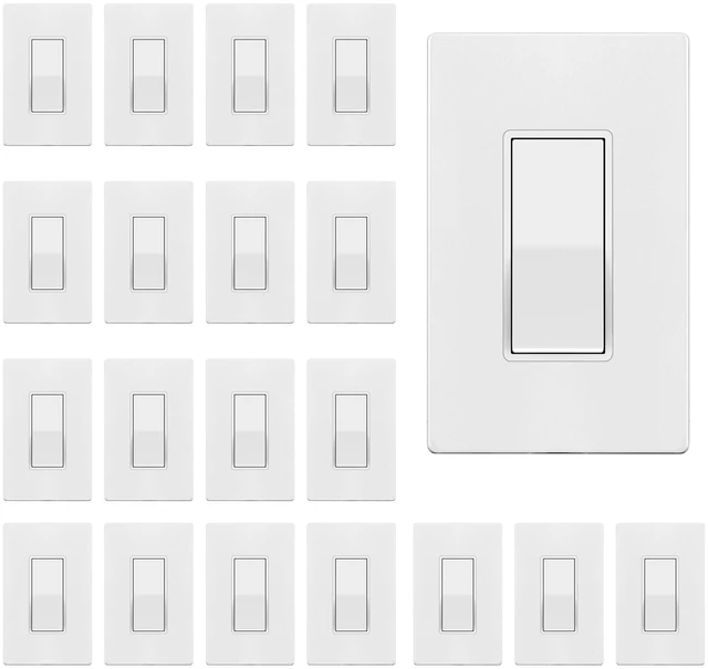 Main image of Matte White Single Pole Decorator Light Switch, 15A, 20 Pack | Paddle Rocker Switch with Matte Screwless Wallplate, 120V/277V, 3 Wire, Grounding Screw, Residential Grade, UL Listed