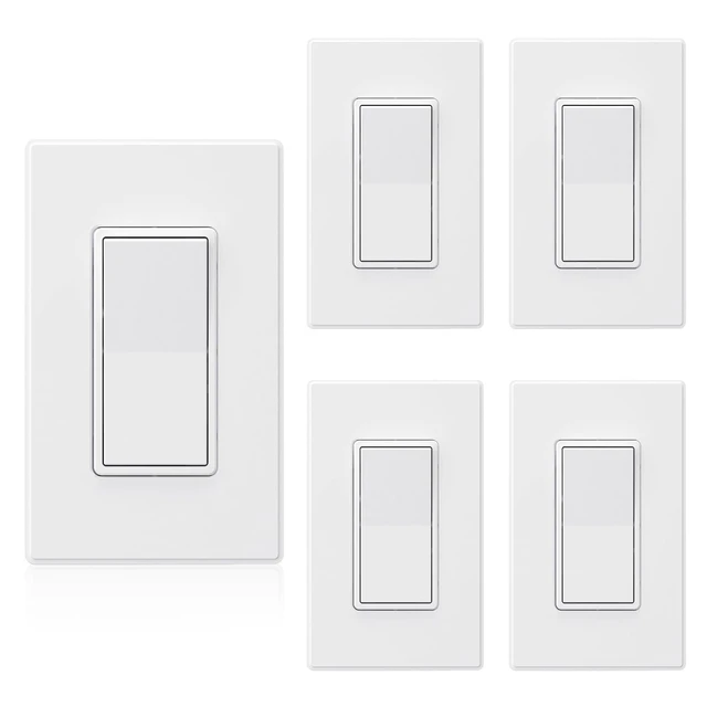 Main image of Matte White Single Pole Decors Light Switch with Plate 15Amp, 120-277V, Paddle Rocker Switch Replacement, On/Off Wall Switch, Self-Grounding, Residential Grade, w/Wall Plate, UL/CUL (5 Pack)