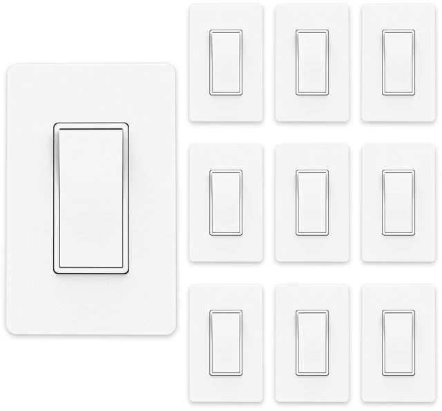 Main image of 10 Pack Matte White Single Pole Decorator Light Switch 15 Amp | 15A 120V/277V, On/Off Paddle Switch with Wallplate, Residential Grade, Matte Finish, UL Listed