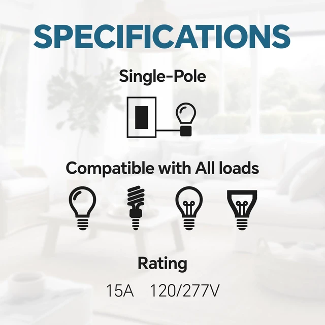 Alt view image 3 of 7 - 10 Pack Matte White Single Pole Decorator Light Switch 15 Amp | 15A 120V/277V, On/Off Paddle Switch with Wallplate, Residential Grade, Matte Finish, UL Listed