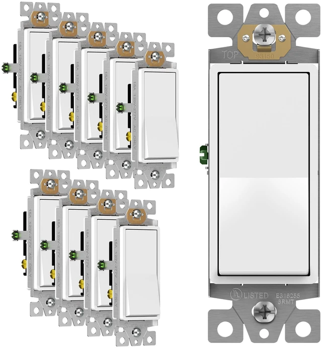 Main image of Matte White 3-Way Decorator Paddle Light Switch, 15A, 10 Pack | Three Way or Single Pole Rocker Switch, 120V/277V, 3 Wire, Grounding Screw, Residential Grade, Matte Finish, UL Listed
