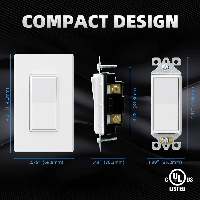 Alt view image 6 of 7 - Matte White Single Pole Decors Light Switch with Plate 15Amp, 120-277V, Paddle Rocker Switch Replacement, On/Off Wall Switch, Self-Grounding, Residential Grade, w/Wall Plate, UL/CUL (5 Pack)