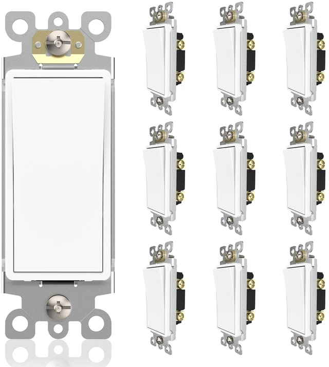 Main image of Matte White Single-Pole Decorator Wall Light Switch, Decorative Paddle Rocker Switch Replacement, 15A 120/277V, UL Listed for Residential Grade Applications, 10 Pack