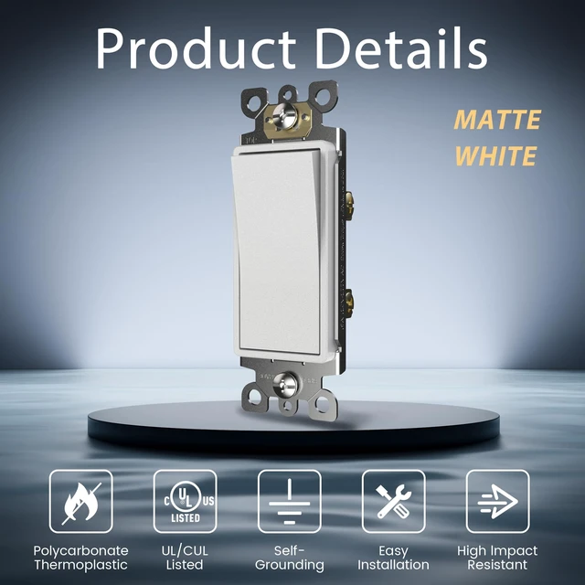 Alt view image 2 of 7 - Matte White Single-Pole Decorator Wall Light Switch, Decorative Paddle Rocker Switch Replacement, 15A 120/277V, UL Listed for Residential Grade Applications, 10 Pack