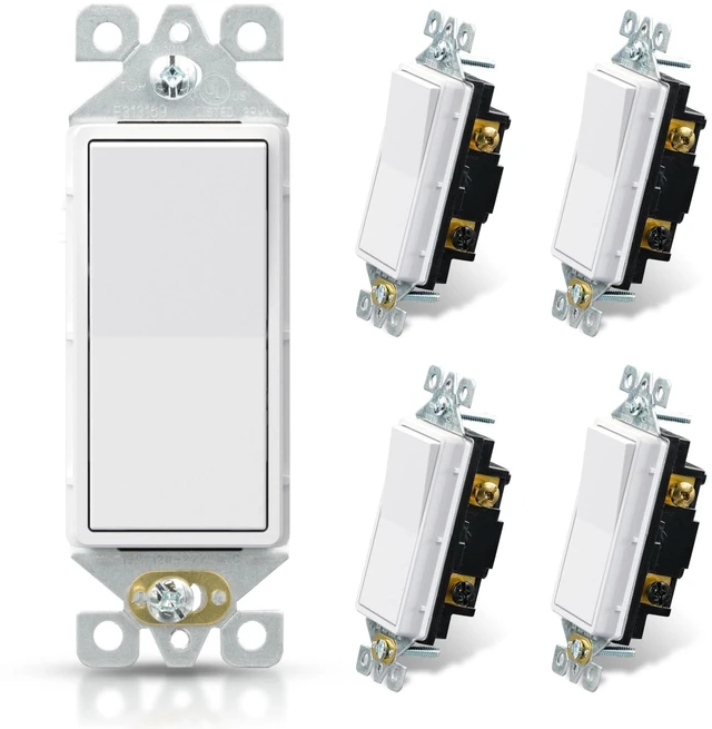 Main image of Matte White 3 Way Decorative Light Switch, 15Amp, 120-277 Volt, AC Decors Rocker Paddle Wall Switch Replacement, Self-Grounding, Residential and Commercial Grade, UL Listed (5 Pack)