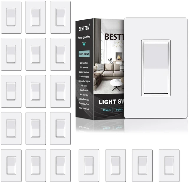 Main image of 20 Pack Single Pole Decorator Light Switch with Screwless Wallplate | UL Listed, Paddle Rocker Wall Switch,15A 120/277V, On/Off Interrupter, White