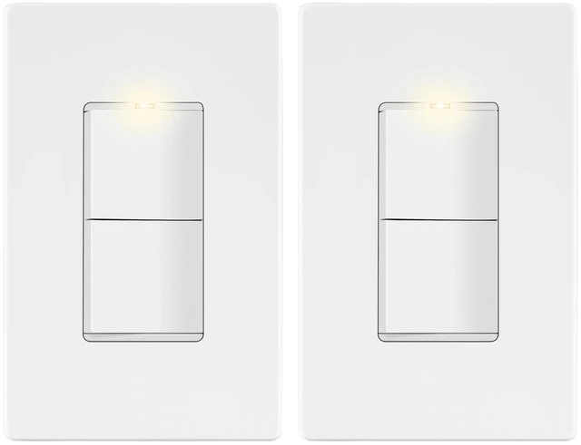 Main image of Lighted Double Switch, Combination Frameless Decorator Switch, 15A | Locator Light, UL Listed, 2-Pack, Matte White, Ground Terminal Single Pole, Polycarbonate Thermoplastic