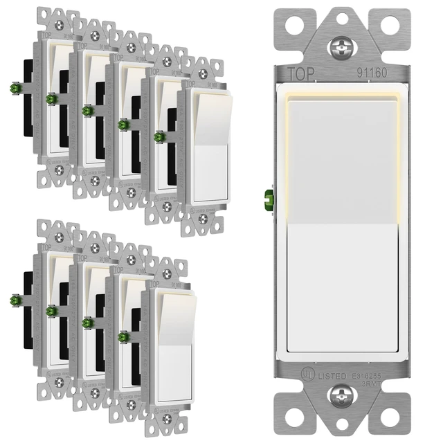 Main image of White Illuminated Single Pole Decorator Paddle Light Switch, 15A | 120-277V, 10 pack, Push-in & Side Wiring, Copper Wire Only, Grounding Screw, Residential Grade, UL-Listed