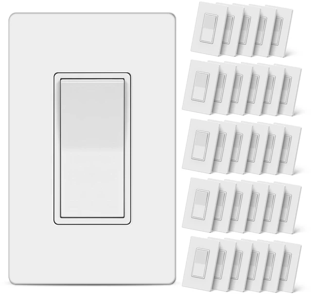 Main image of 30 Pack Single Pole Decorator Light Switch, UL Listed, White | Rocker Paddle Wall Switch, 15A 120/277V, On/Off Interrupter, Screwless Wall Plate Included, Residential Grade