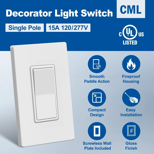 Alt view image 2 of 7 - 30 Pack Single Pole Decorator Light Switch, UL Listed, White | Rocker Paddle Wall Switch, 15A 120/277V, On/Off Interrupter, Screwless Wall Plate Included, Residential Grade