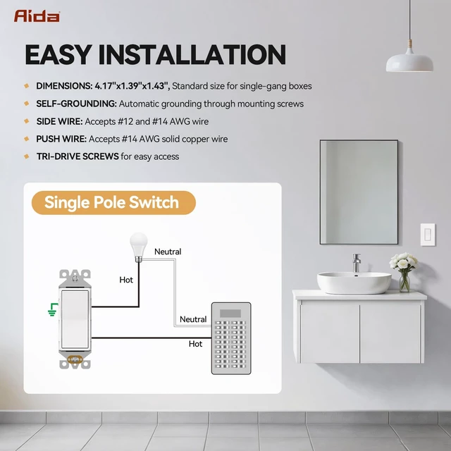 Alt view image 4 of 7 - 1 Pack Single Pole Rocker Decora Light Switch, 15 Amp Self-grounding Electrical Light Switches, Wall Plate Included, UL Listed, Matte White
