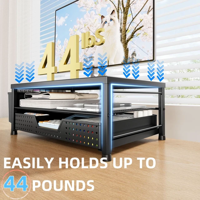 Alt view image 6 of 7 - 2-Tier Monitor Stand with Drawer, Metal Desk Riser, Black | Dual pen holders, storage shelf, keyboard space, home office, study desk, workspace organization
