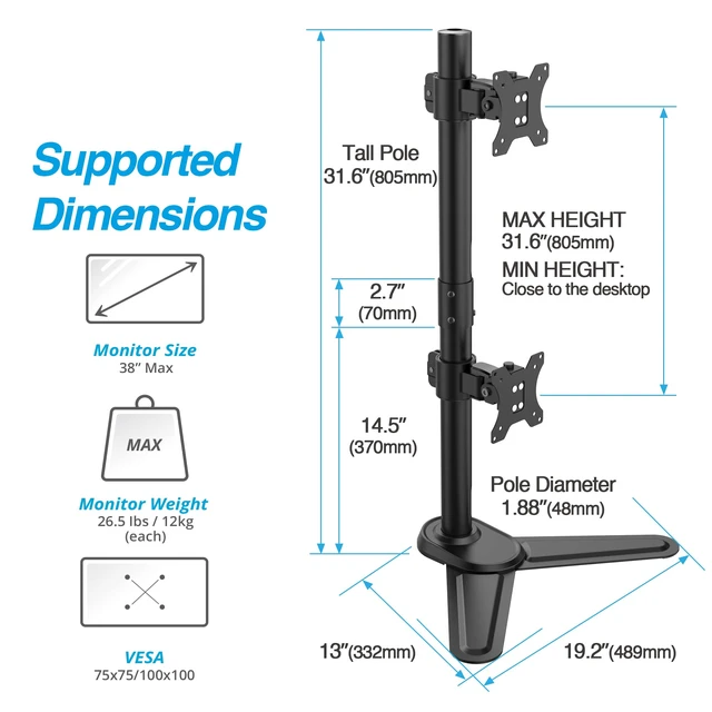 Alt view image 2 of 7 - 38" Vertical Ultrawide Monitor Mount Stand Heavy-Duty Pole | Two Stacked 26.5 lbs Screen Save Workspace with Fine-Tune Height Tilt Swivel Rotate Adjustment Free Standing Sturdy Base