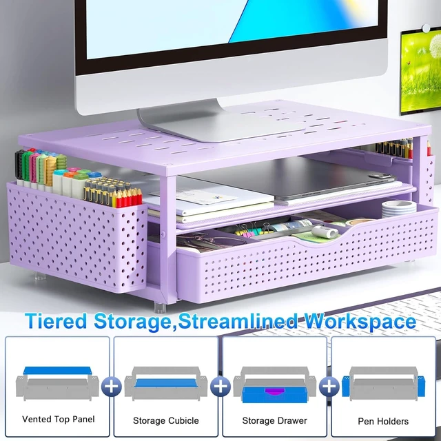 Alt view image 3 of 7 - 2-Tier Monitor Stand with Drawer and 2 Pen Holder | Monitor Riser Computer Stand Desk Organizers and Accessories Desktop Organizer Suitable for Offices and Dormitories