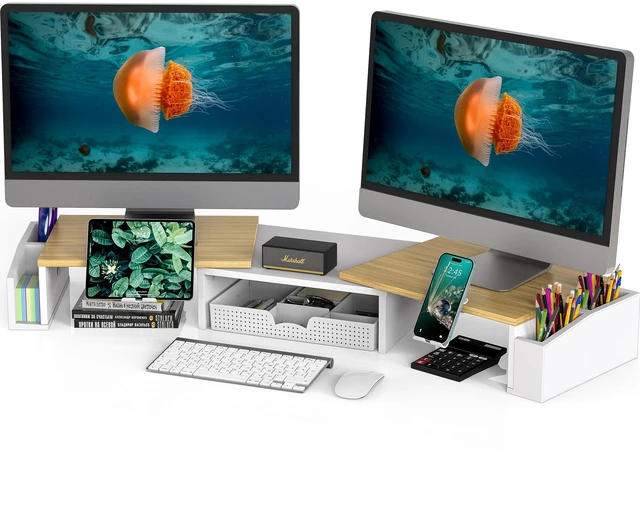 Main image of Desk Dual Monitor Stand Riser with Drawer, Oak | Customizable Organizer Tray, Built-In Phone & Tablet Slot and Side Storage