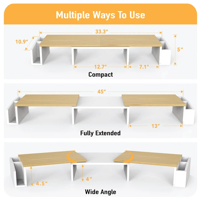 Alt view image 3 of 6 - Desk Dual Monitor Stand Riser with Drawer, Oak | Customizable Organizer Tray, Built-In Phone & Tablet Slot and Side Storage