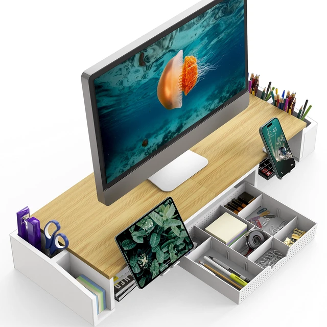 Alt view image 2 of 6 - Desk Dual Monitor Stand Riser with Drawer, Oak | Customizable Organizer Tray, Built-In Phone & Tablet Slot and Side Storage