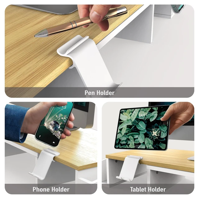 Alt view image 4 of 6 - Desk Dual Monitor Stand Riser with Drawer, Oak | Customizable Organizer Tray, Built-In Phone & Tablet Slot and Side Storage