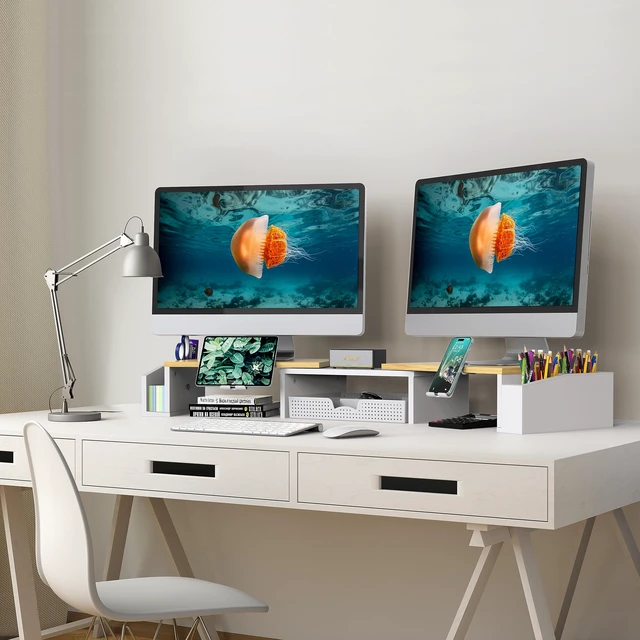 Alt view image 6 of 6 - Desk Dual Monitor Stand Riser with Drawer, Oak | Customizable Organizer Tray, Built-In Phone & Tablet Slot and Side Storage