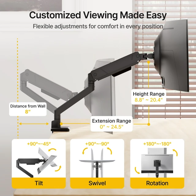 Alt view image 2 of 7 - Single Monitor Arm for Max 45 Inch Ultrawide Screens, Holds 35 Lbs | Adjustable Monitor Desk Mount with C Clamp/Grommet Desk Mount, Cable Management, VESA 75/100mm, Black