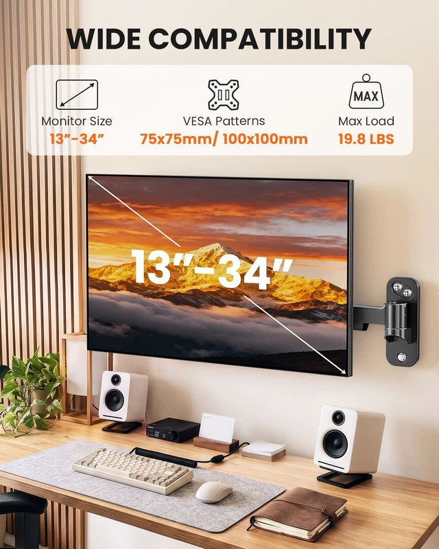 Alt view image 2 of 7 - Monitor Wall Mount, 13-34 Inch, 19.8 lbs, Full Motion Single Arm | Wall Mount for 13-34 monitors 19.8 lbs max full motion 20.47 extension 12.2 height range ideal for tight space