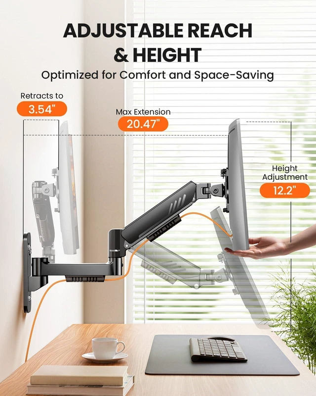 Alt view image 3 of 7 - Monitor Wall Mount, 13-34 Inch, 19.8 lbs, Full Motion Single Arm | Wall Mount for 13-34 monitors 19.8 lbs max full motion 20.47 extension 12.2 height range ideal for tight space