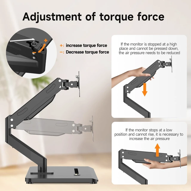 Alt view image 3 of 7 - Adjustable Monitor Arm with Base for 17-32" Screen | Pneumatic VESA Computer Mount with Base, Freestanding Full Motion, Holds up to 22 lbs