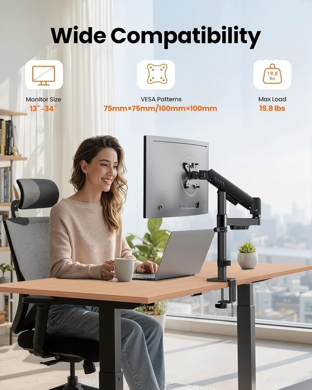 Alt view image 2 of 7 - Single Monitor Arm, Adjustable Desk Gaming Monitor Mount for 13-34 Screens, Up to 19.8 lbs, Enhanced Stability with Integrated C-Clamp, Upgraded Cable Management, Black
