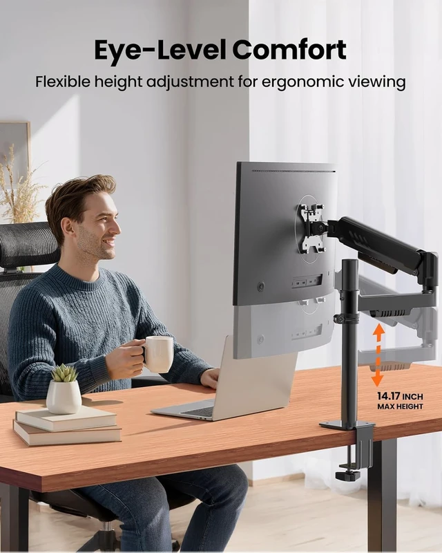 Alt view image 3 of 7 - Single Monitor Arm, Adjustable Desk Gaming Monitor Mount for 13-34 Screens, Up to 19.8 lbs, Enhanced Stability with Integrated C-Clamp, Upgraded Cable Management, Black