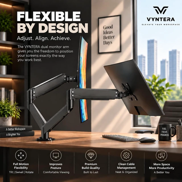 Alt view image 3 of 7 - Dual Monitor Arm Stand Adjustable Gas Spring Desk Mount for 2 Computer Screens, Full Motion Monitor Stand with Dual Clamp Base, Landscape & Portrait Rotation, Tilt & Swivel, Cable Management