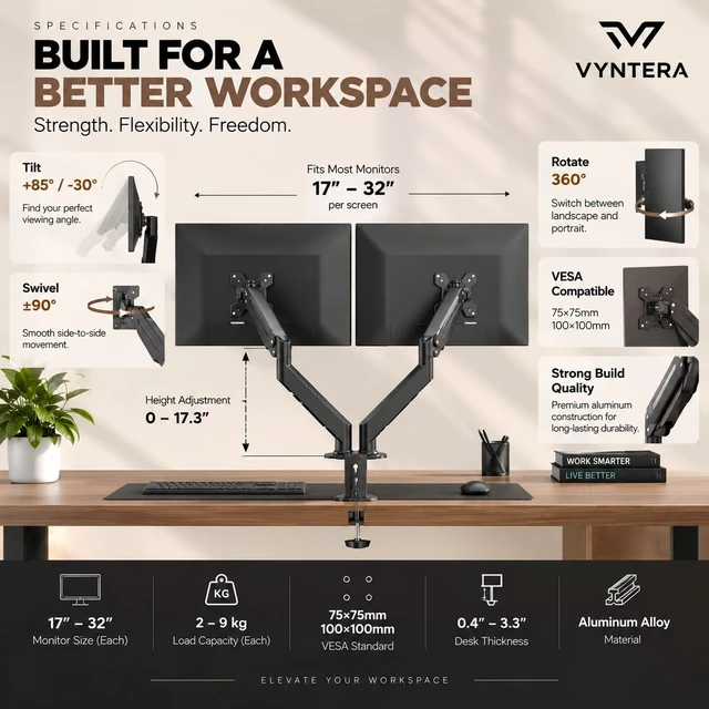 Alt view image 6 of 7 - Dual Monitor Arm Stand Adjustable Gas Spring Desk Mount for 2 Computer Screens, Full Motion Monitor Stand with Dual Clamp Base, Landscape & Portrait Rotation, Tilt & Swivel, Cable Management
