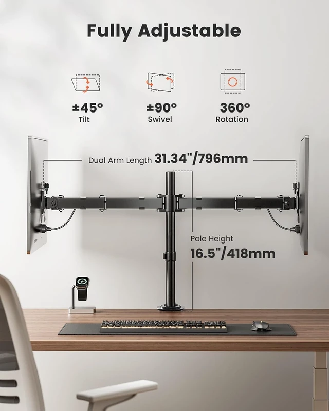 Alt view image 5 of 7 - Dual Monitor Stand, Heavy Duty Adjustable Monitor Desk Mount for 2 Screens up to 32 Inches, Fully Adjustable Height, Tilt, Swivel, Rotate, Supports 17.6 lbs per Monitor Arm, Easy Installation