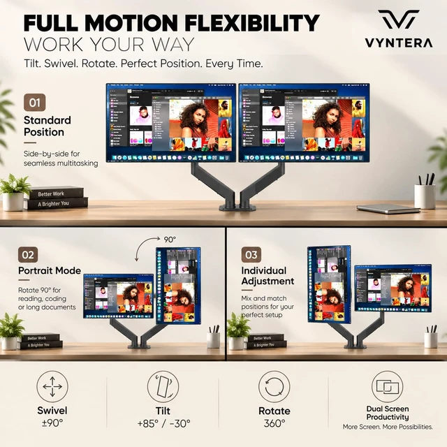 Alt view image 5 of 7 - Dual Monitor Arm Stand Adjustable Gas Spring Desk Mount for 2 Computer Screens, Full Motion Monitor Stand with Dual Clamp Base, Landscape & Portrait Rotation, Tilt & Swivel, Cable Management