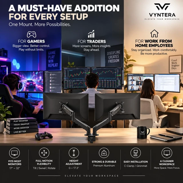 Alt view image 7 of 7 - Dual Monitor Arm Stand Adjustable Gas Spring Desk Mount for 2 Computer Screens, Full Motion Monitor Stand with Dual Clamp Base, Landscape & Portrait Rotation, Tilt & Swivel, Cable Management
