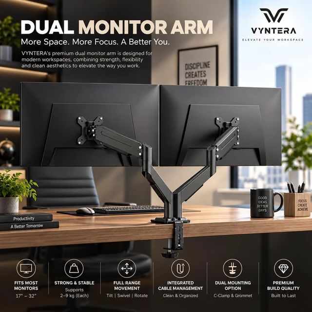Alt view image 2 of 7 - Dual Monitor Arm Stand Adjustable Gas Spring Desk Mount for 2 Computer Screens, Full Motion Monitor Stand with Dual Clamp Base, Landscape & Portrait Rotation, Tilt & Swivel, Cable Management