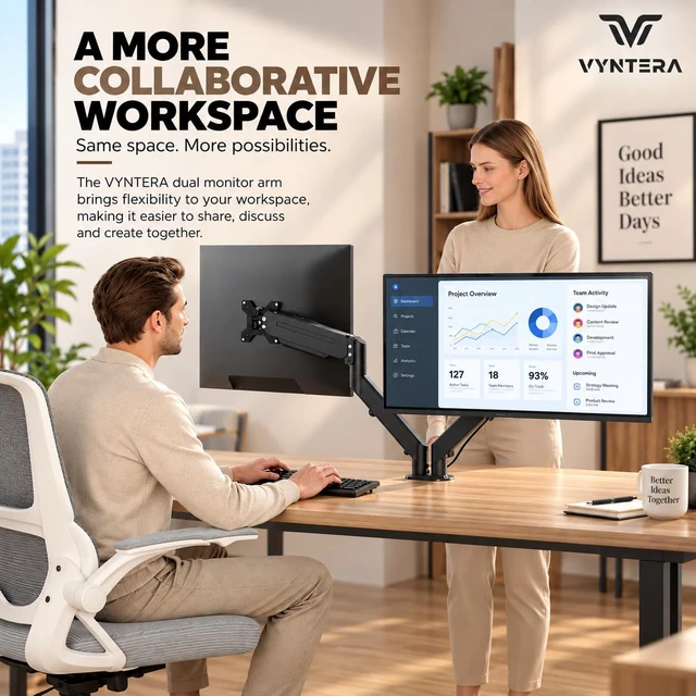 Alt view image 4 of 7 - Dual Monitor Arm Stand Adjustable Gas Spring Desk Mount for 2 Computer Screens, Full Motion Monitor Stand with Dual Clamp Base, Landscape & Portrait Rotation, Tilt & Swivel, Cable Management