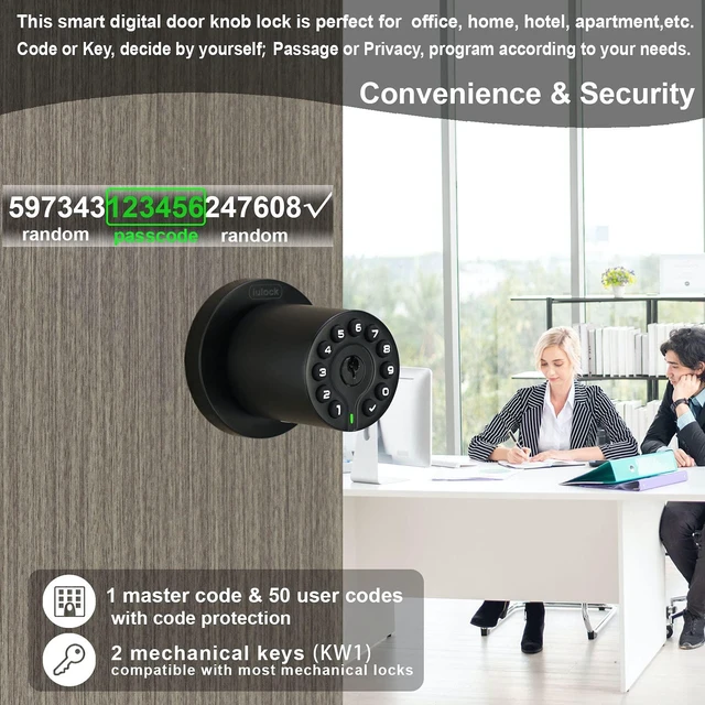 Alt view image 3 of 6 - IU-20 Code Door Lock, Electronic Door Knob with Keypad and Key, Auto Lock, Waterproof, Passage Function, Long Battery Life,50 Codes, Easy to use and Install for Office/Warehouse/Bedroom/Garage
