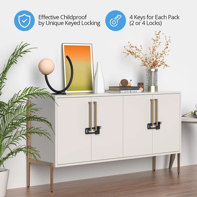 Alt view image 3 of 7 - Cabinet Lock, 2 Metal Locks 4 Keys, Keyed Alike, Adjustable, Short Ver | Adjustable Childproof Cabinet Latch to Lockout Knobs and Handles of Kitchen Drawer Storage Cupboard Closet
