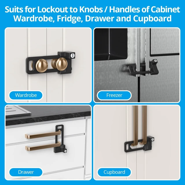 Alt view image 6 of 7 - Cabinet Lock, 2 Metal Locks 4 Keys, Keyed Alike, Adjustable, Short Ver | Adjustable Childproof Cabinet Latch to Lockout Knobs and Handles of Kitchen Drawer Storage Cupboard Closet